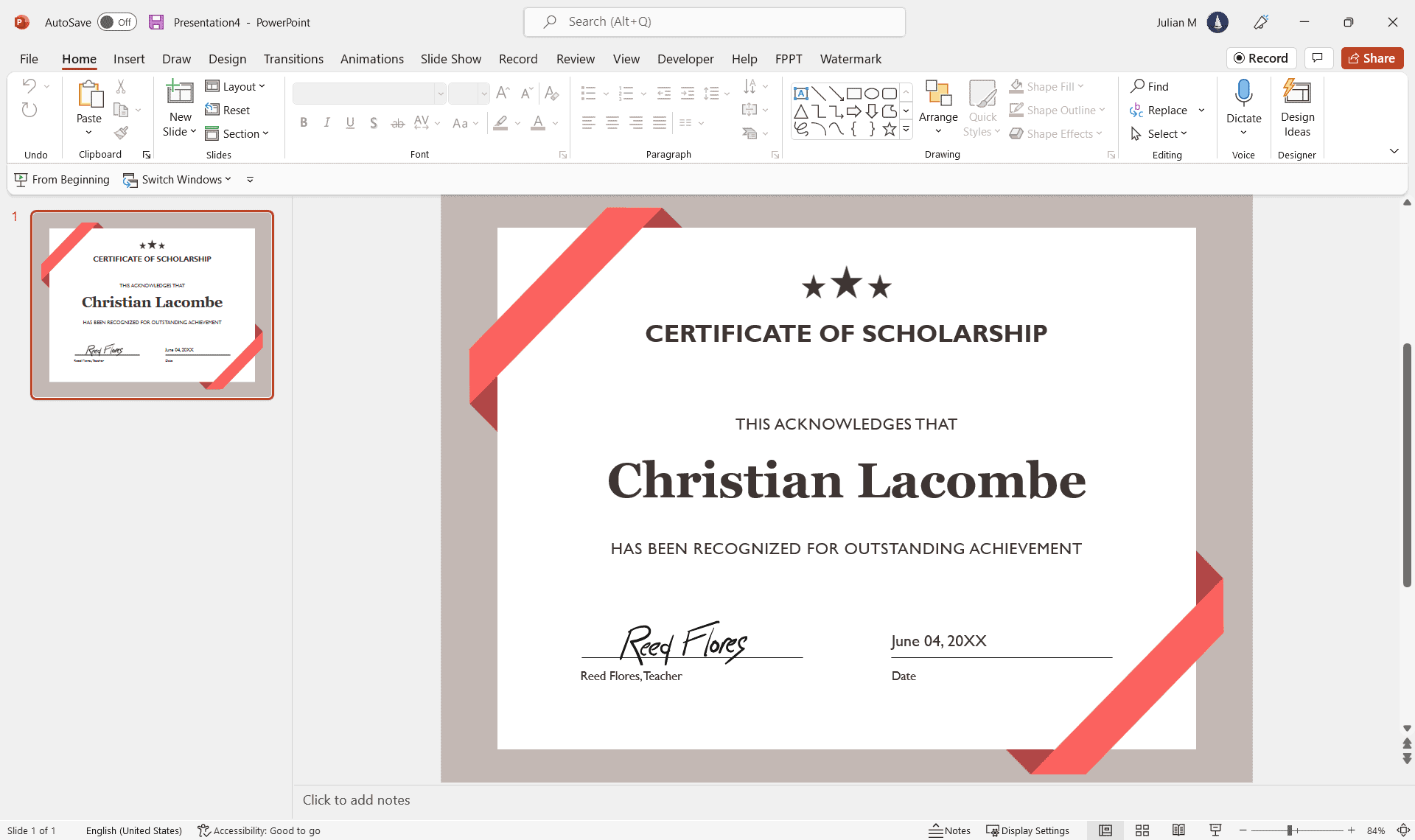 Certificate Example in PowerPoint - Certificate of Scholarship