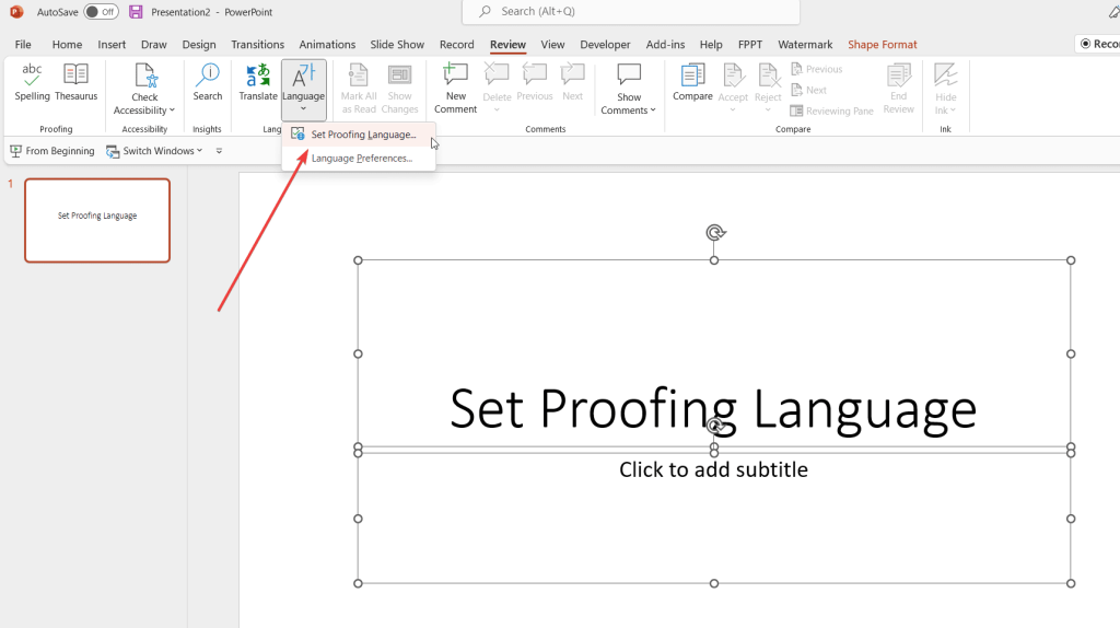 powerpoint change proofing language entire presentation