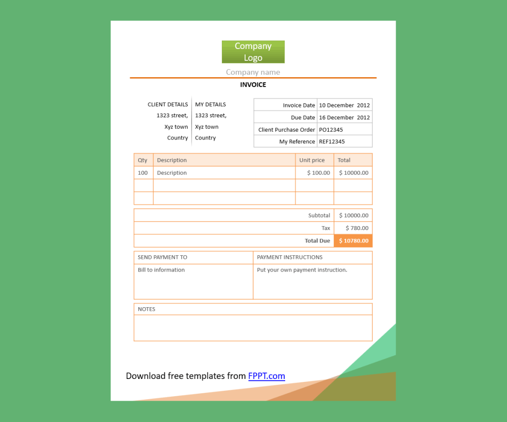 Free Invoice template design for presentations, compatible with PowerPoint and Google Slides.