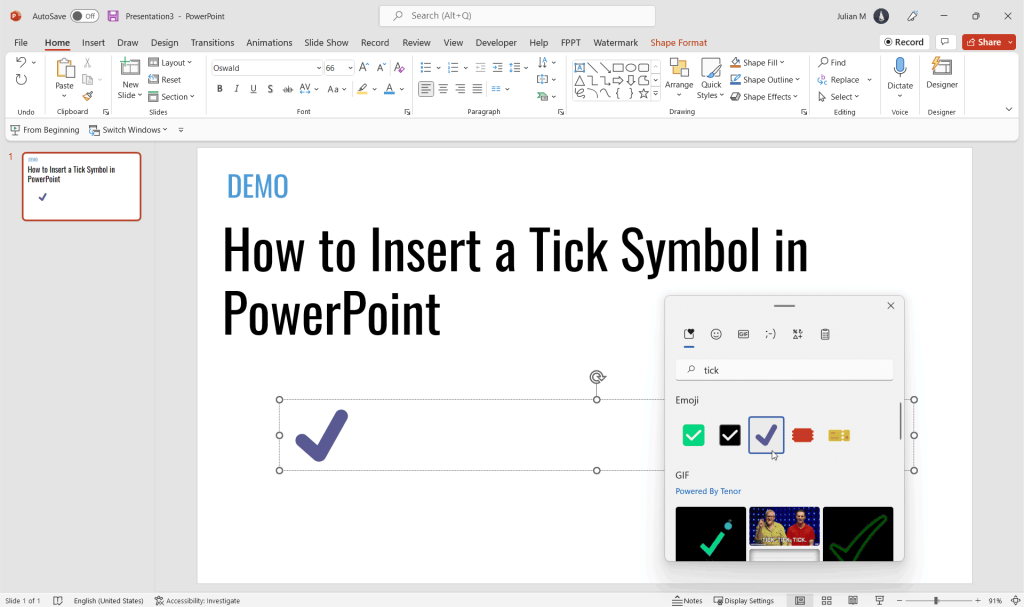 Example of Tick Symbol in PowerPoint using Emojis