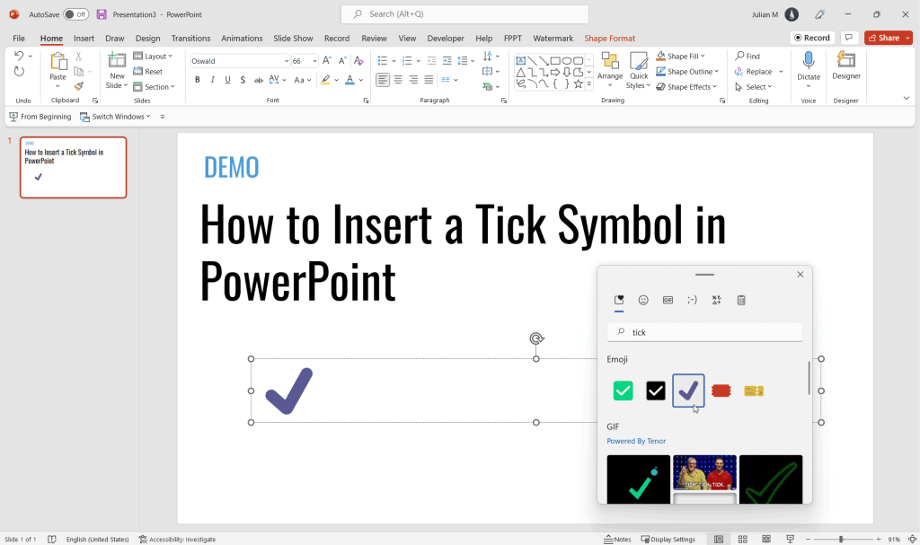 How to insert a tick symbol (checkmark) in Excel