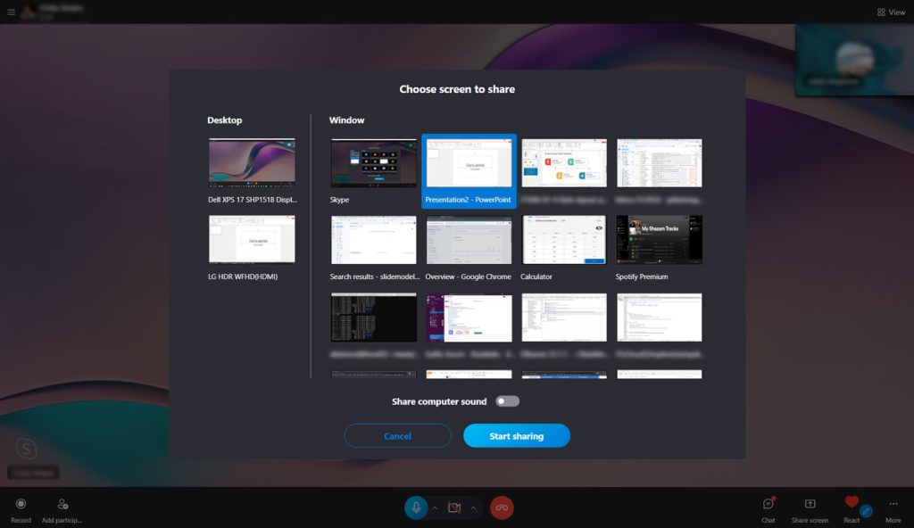 Choose a screen to share a PowerPoint presentation on Skype