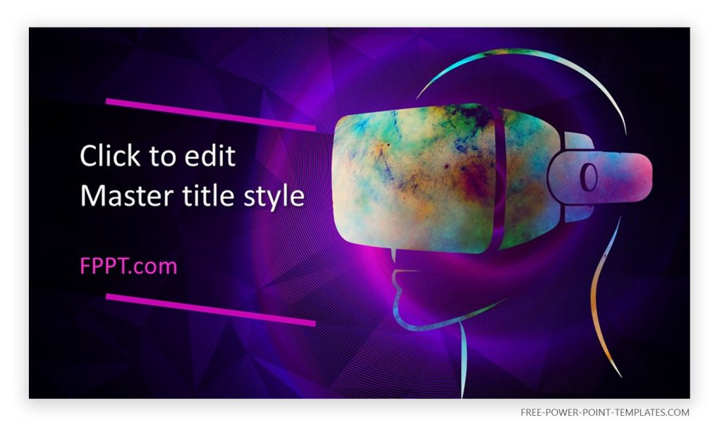 Example of metaverse presentation template design with a VR headset in the cover slide.