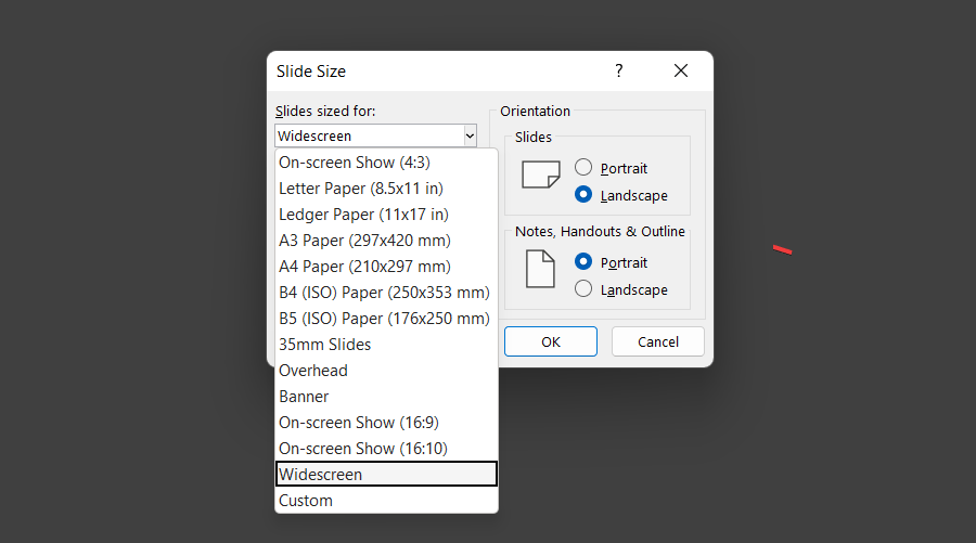 Pre-defined slide sizes in PowerPoint, showing an option to change the size of your slide to Widescreen