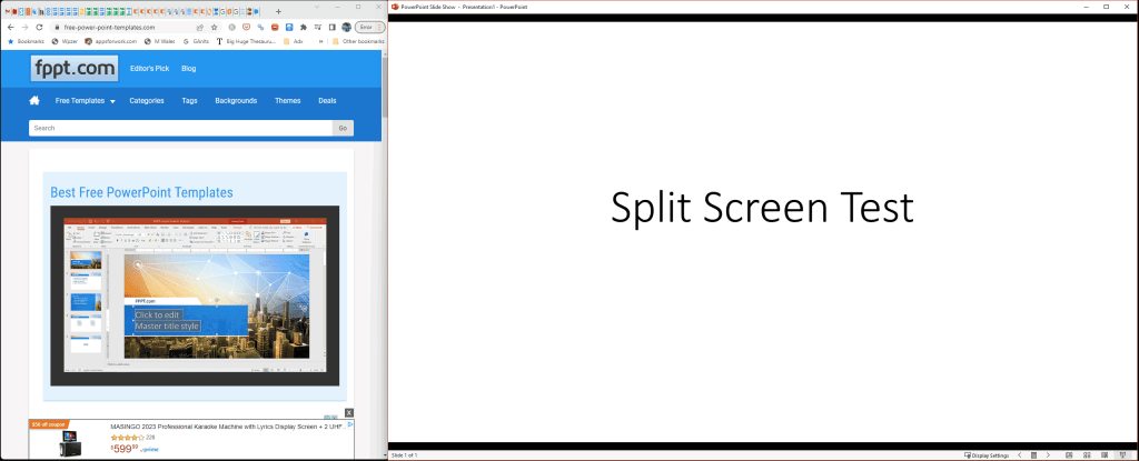 Example of splitting the screen in PowerPoint so you have the presentation in half and then another window.
