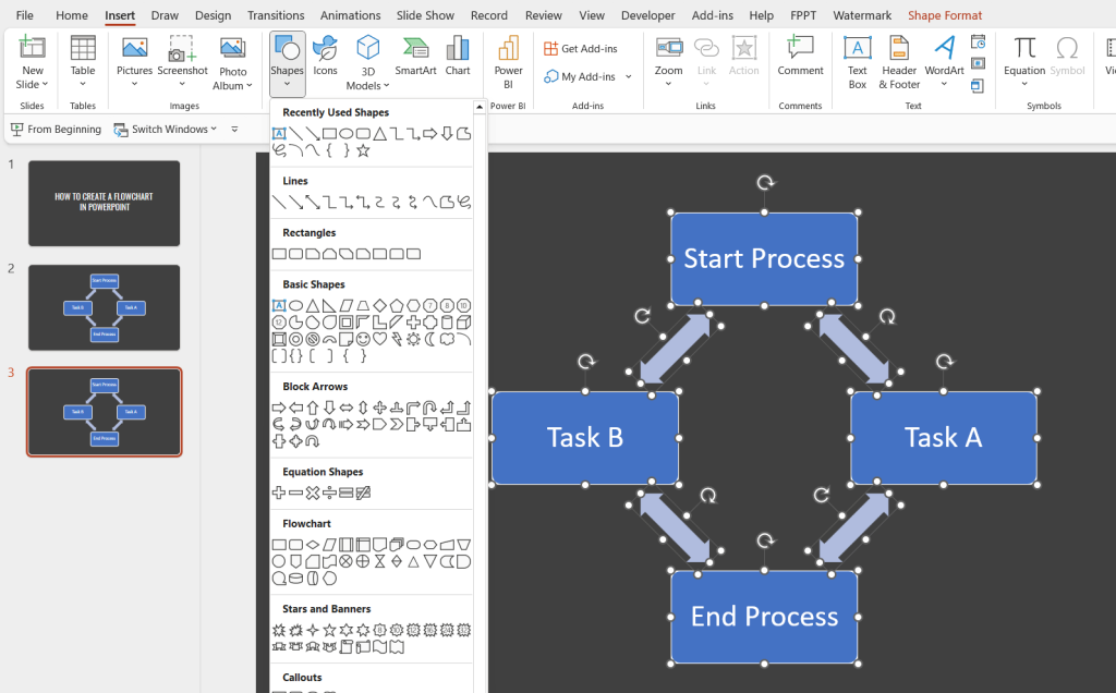 Using PowerPoint shapes to design a flowchart in PowerPoint