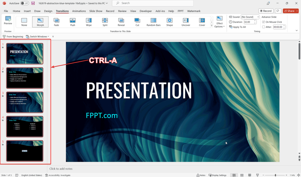 Apply transitions to all slides in PowerPoint using CTRL-A