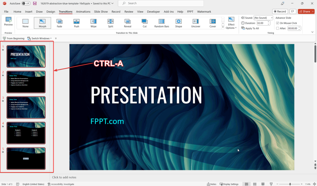 create ppt presentation and apply themes and transitions