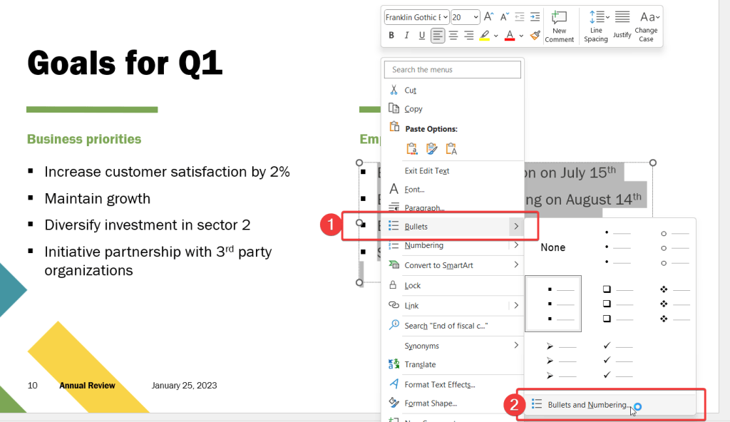 Bullets and Numering options in PowerPoint