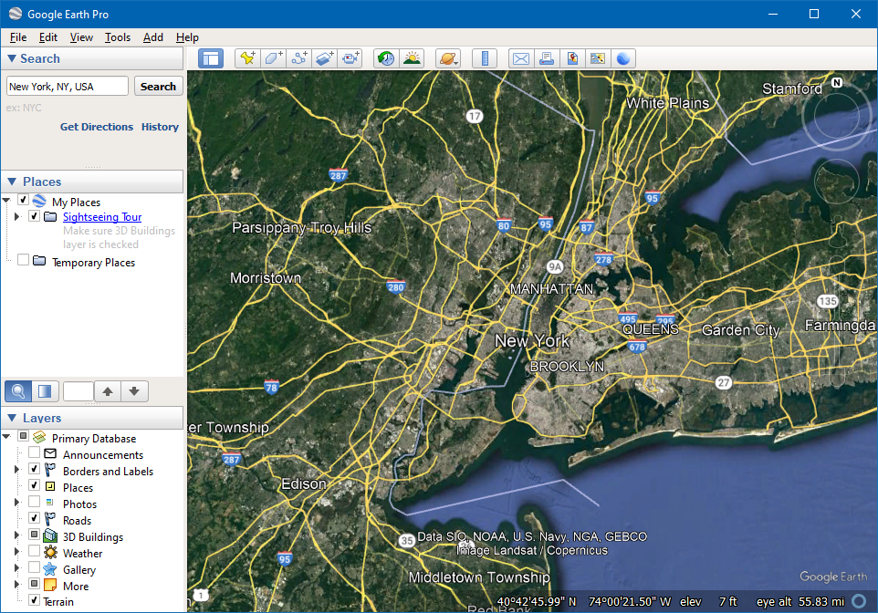 Example of Google Earth Pro map showing Manhattan and New York.