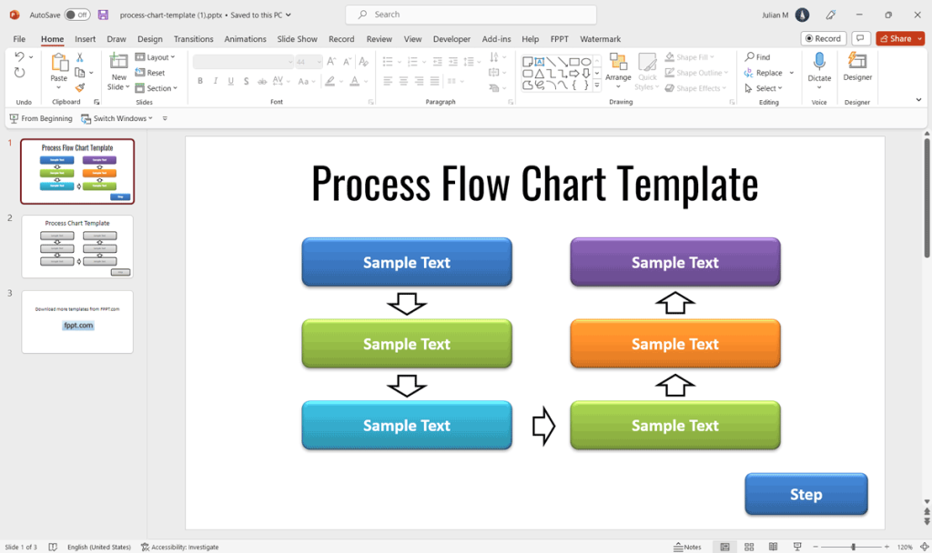 Example of Process Flow Chart Template Slide for PowerPoint with a simple flowchart design