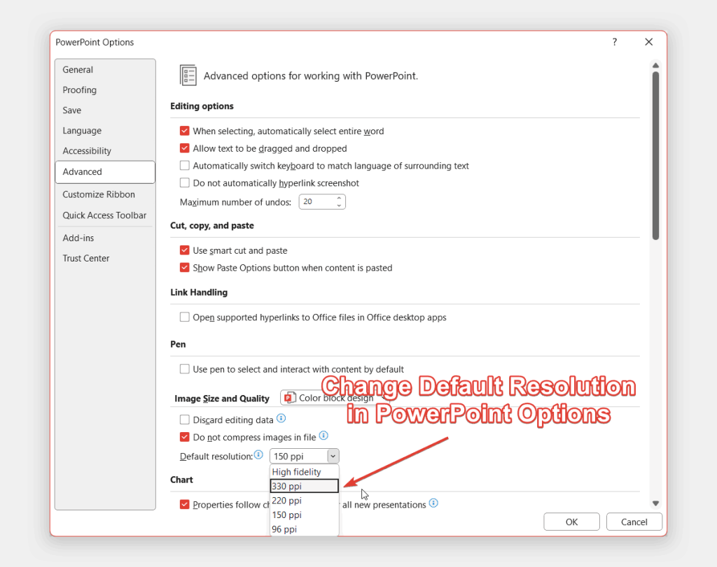 How to change the default resolution in PowerPoint using Advanced PowerPoint options