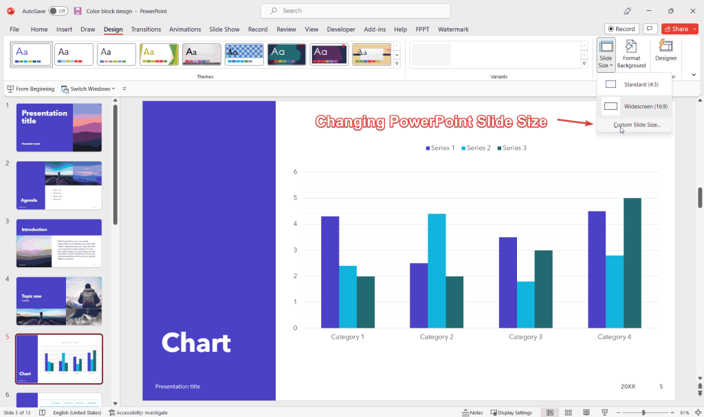 Change the size of a PowerPoint presentation by adjusting the Slide Size option