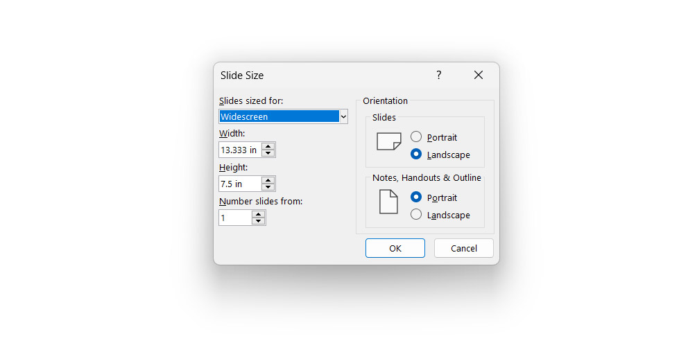 Changing the PowerPoint slide size in a PowerPoint presentation. Slide Size dialog box.