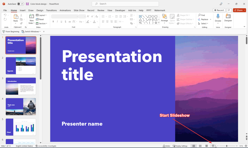 Start the slideshow in PowerPoint using the small slideshow icon