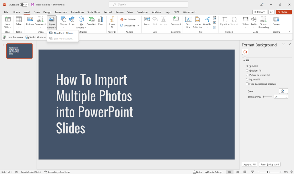 How to Import Multiple Photos into PowerPoint Slides using Photo Album feature.