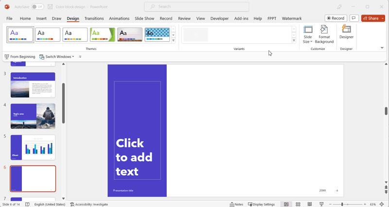 Example how to resize and change slide size in a PowerPoint presentation