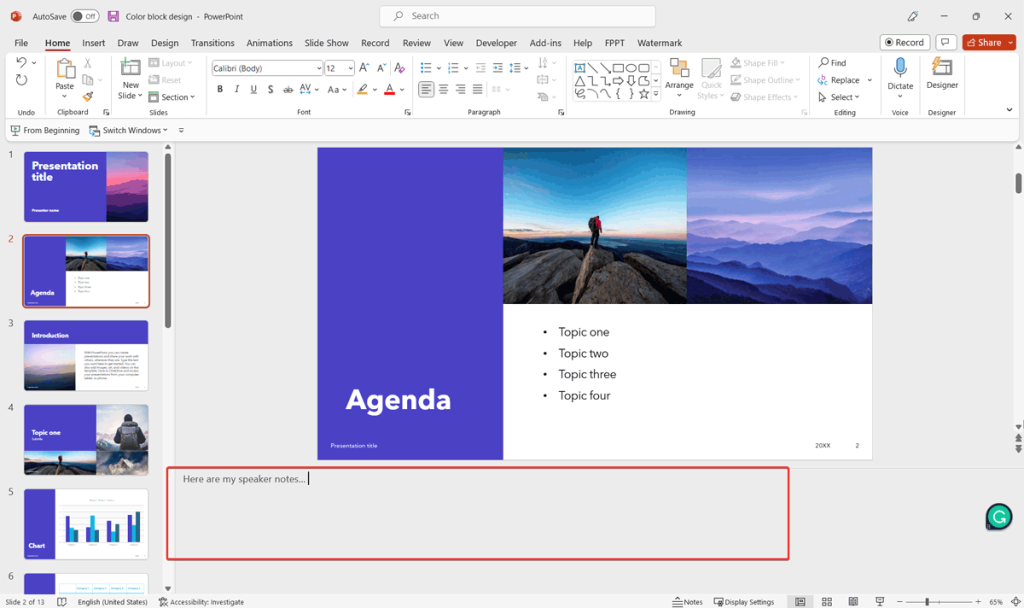 Example of speaker notes in a PowerPoint presentation