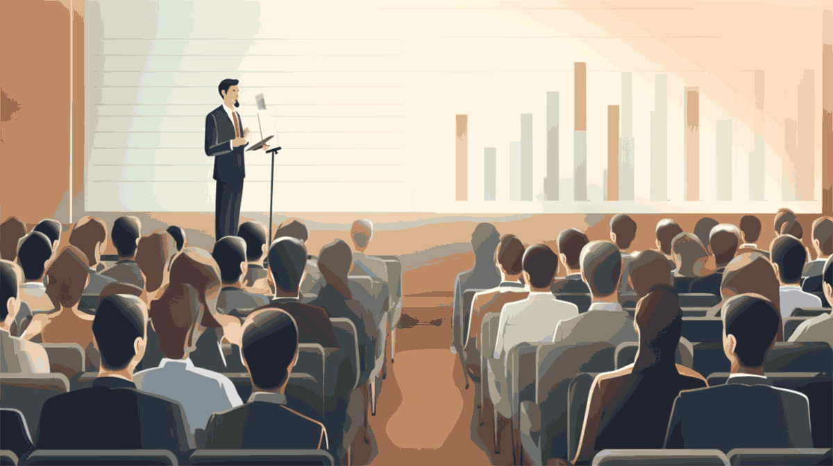 An illustration of a presenter in front of an audience applying attention-getting devices technique
