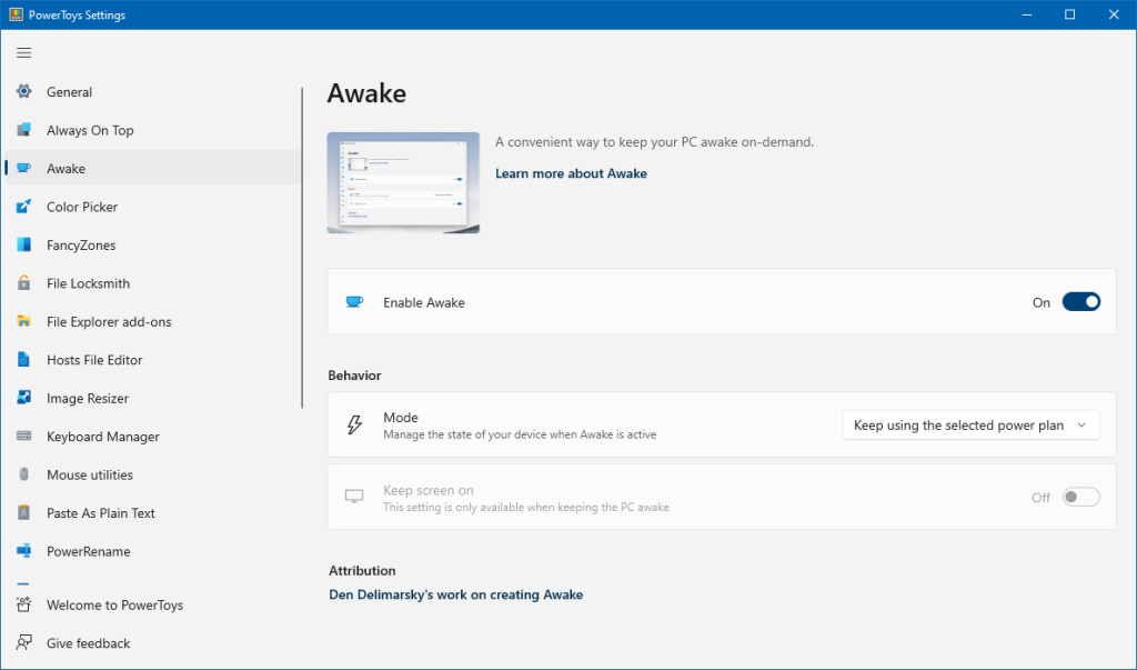 Use Awake tool from PowerToys to keep your PC awake on-demand
