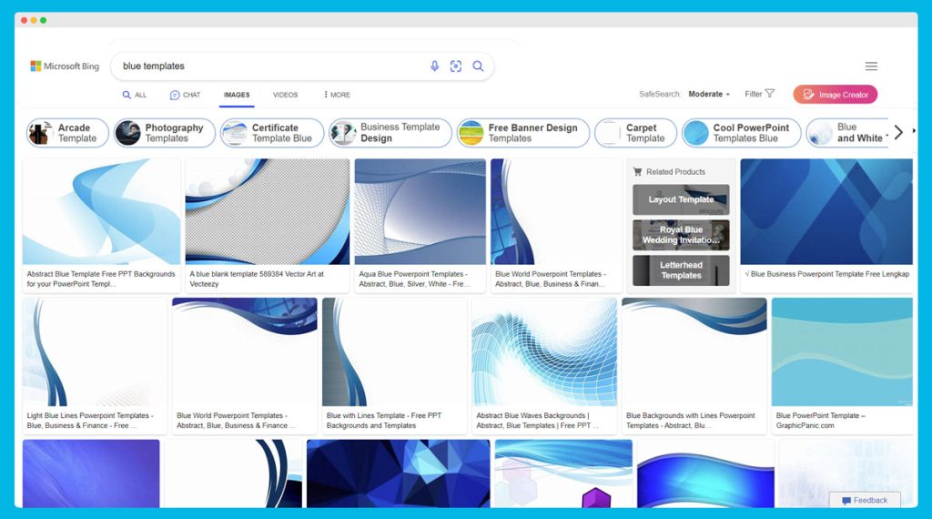 Example of Microsoft Bing Image Search interface with blue abstract background templates