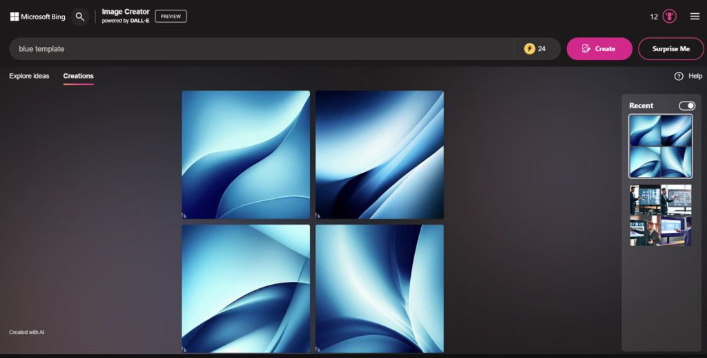 Using Image Creator tool to generate blue abstract background ideas for your presentations
