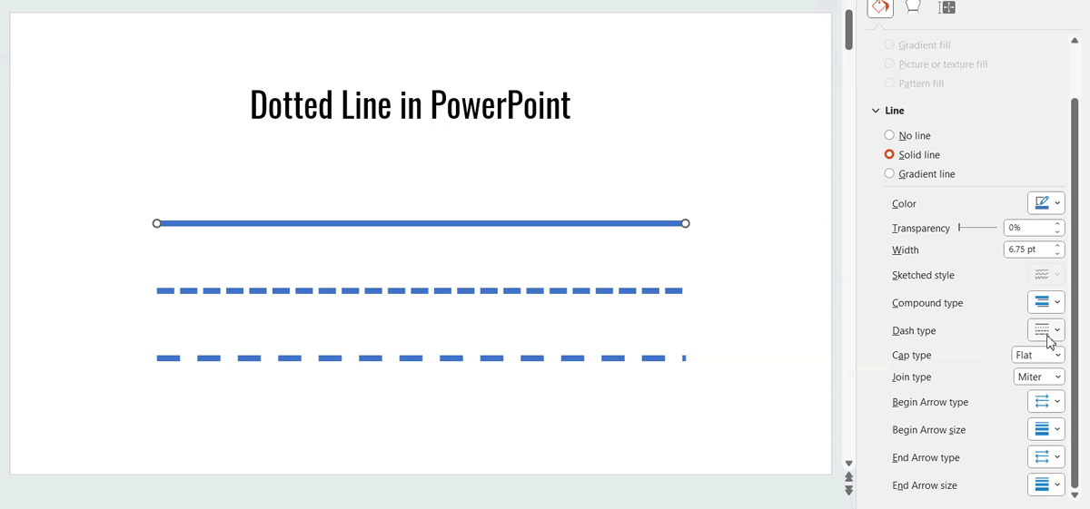 Example how to change dotted line options in PowerPoint, change dash type and cap type to customize your line.