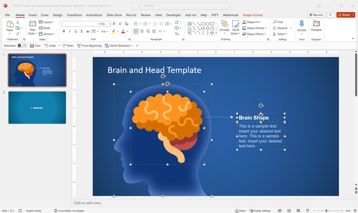 Example of brain shape template for PowerPoint showing editable illustration that can be used to prepare presentations.