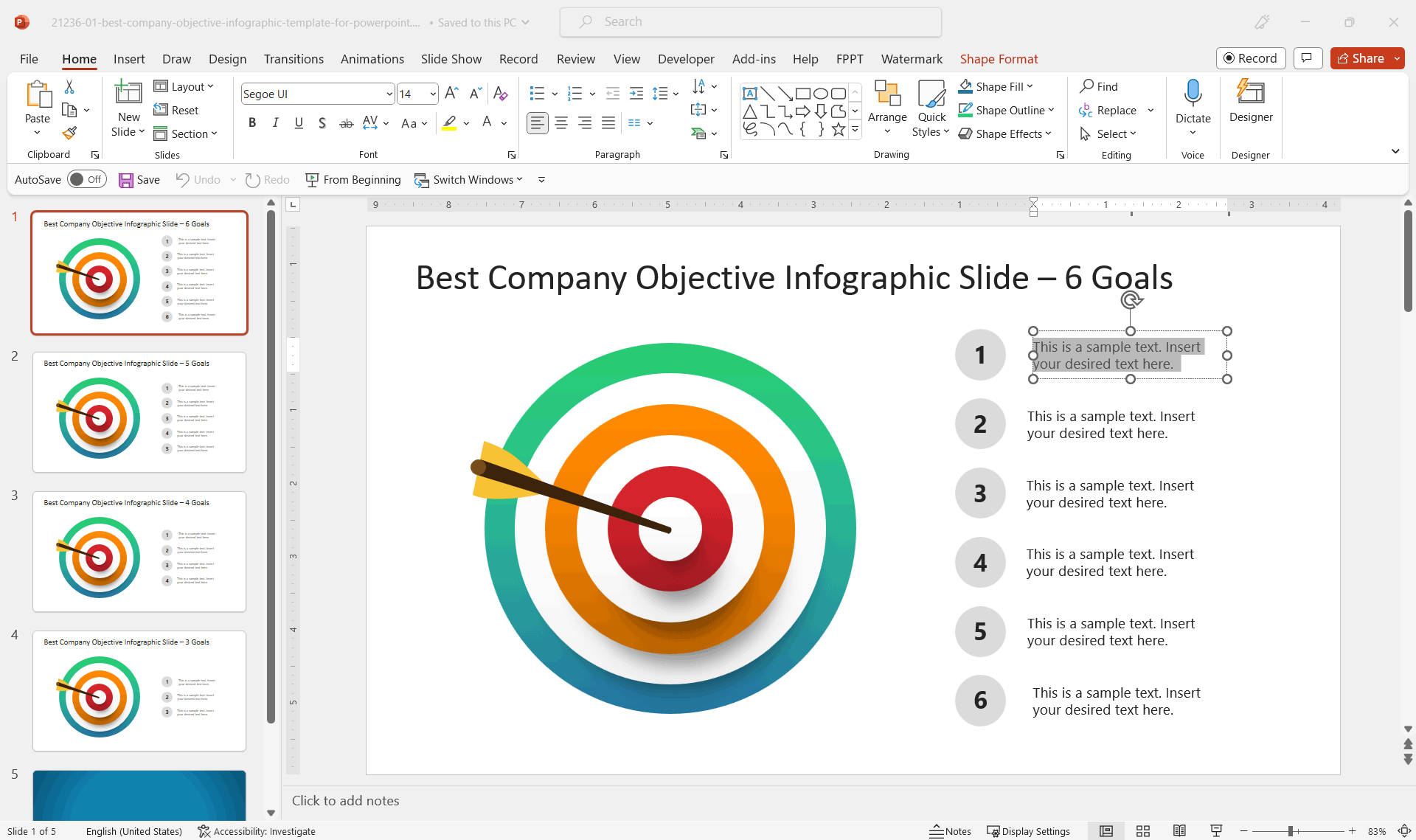 Download 100% editable company objectives slide template for PowerPoint with space to enter 6 goals.