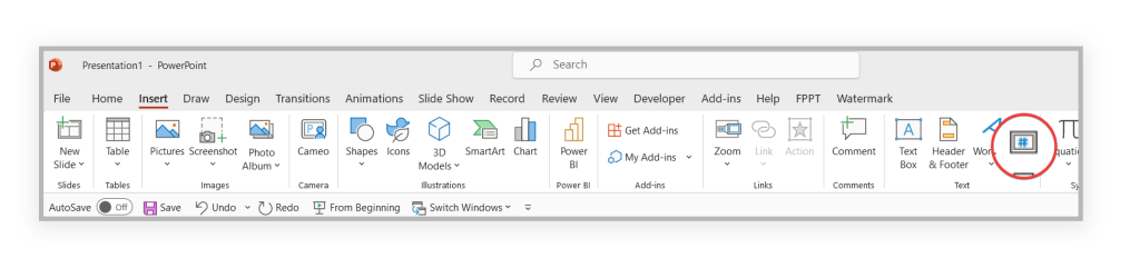 Insert slide numbers by clicking on Slide Number in the Text section of the PowerPoint Ribbon