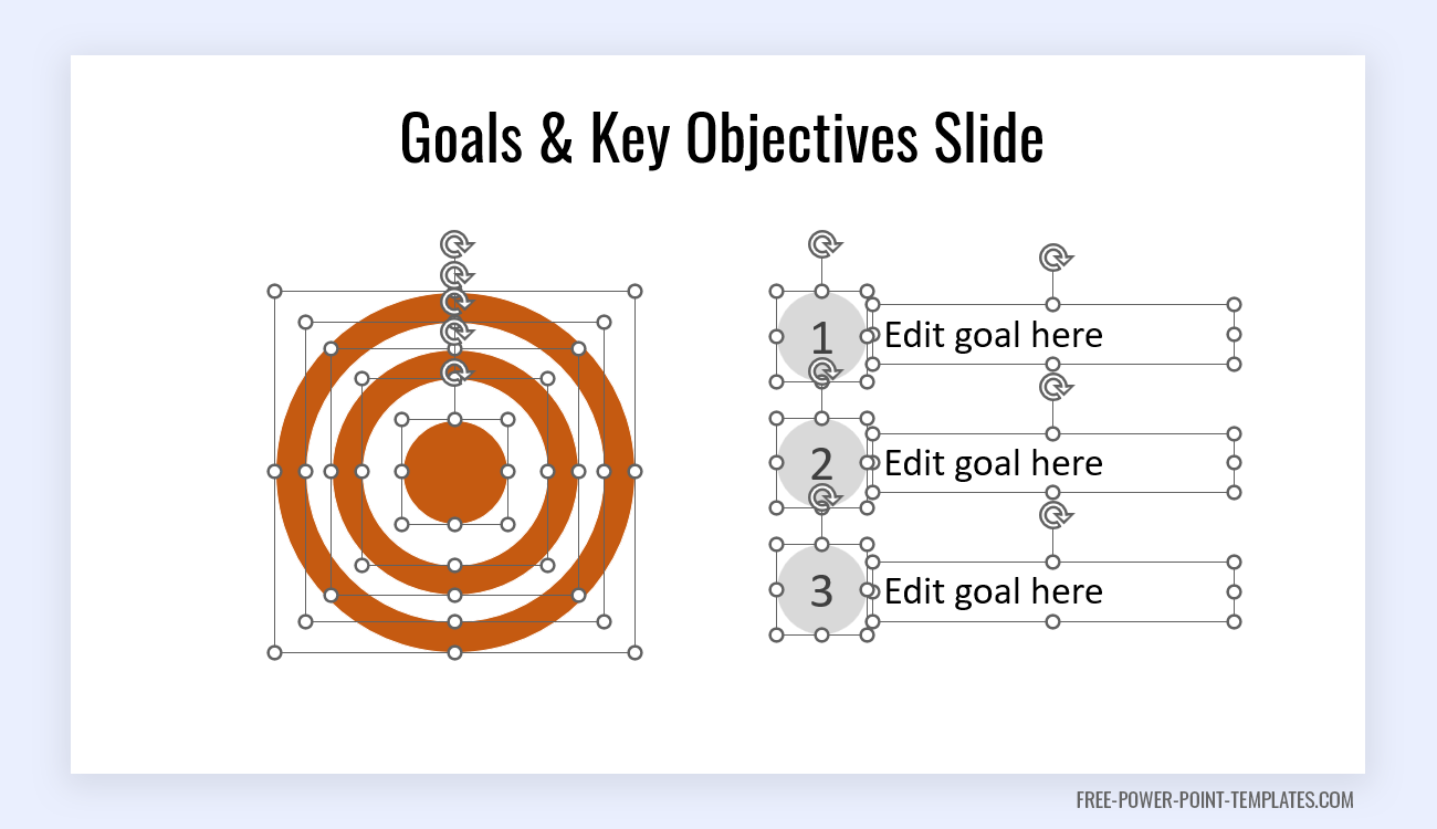 Example of Dart board objectives slide for PowerPoint with editable goals.