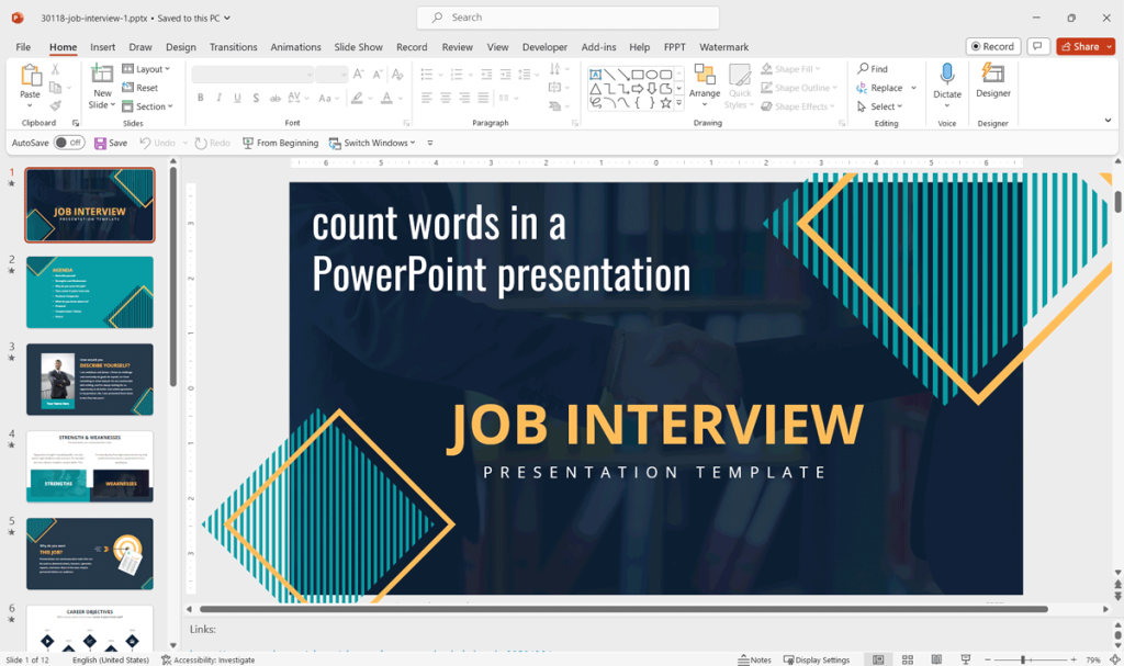 Example of Word Count in a PowerPoint presentation - Job Interview presentation template