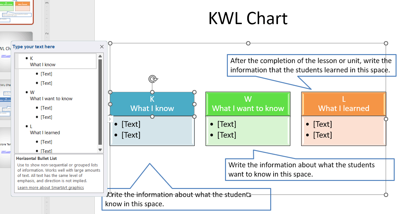 Example of KWL Chart template for PowerPoint created with SmartArt