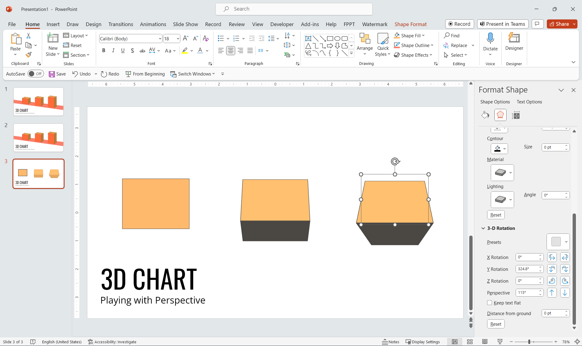 Create a 3D Chart in PowerPoint with perspective stacked bars.
