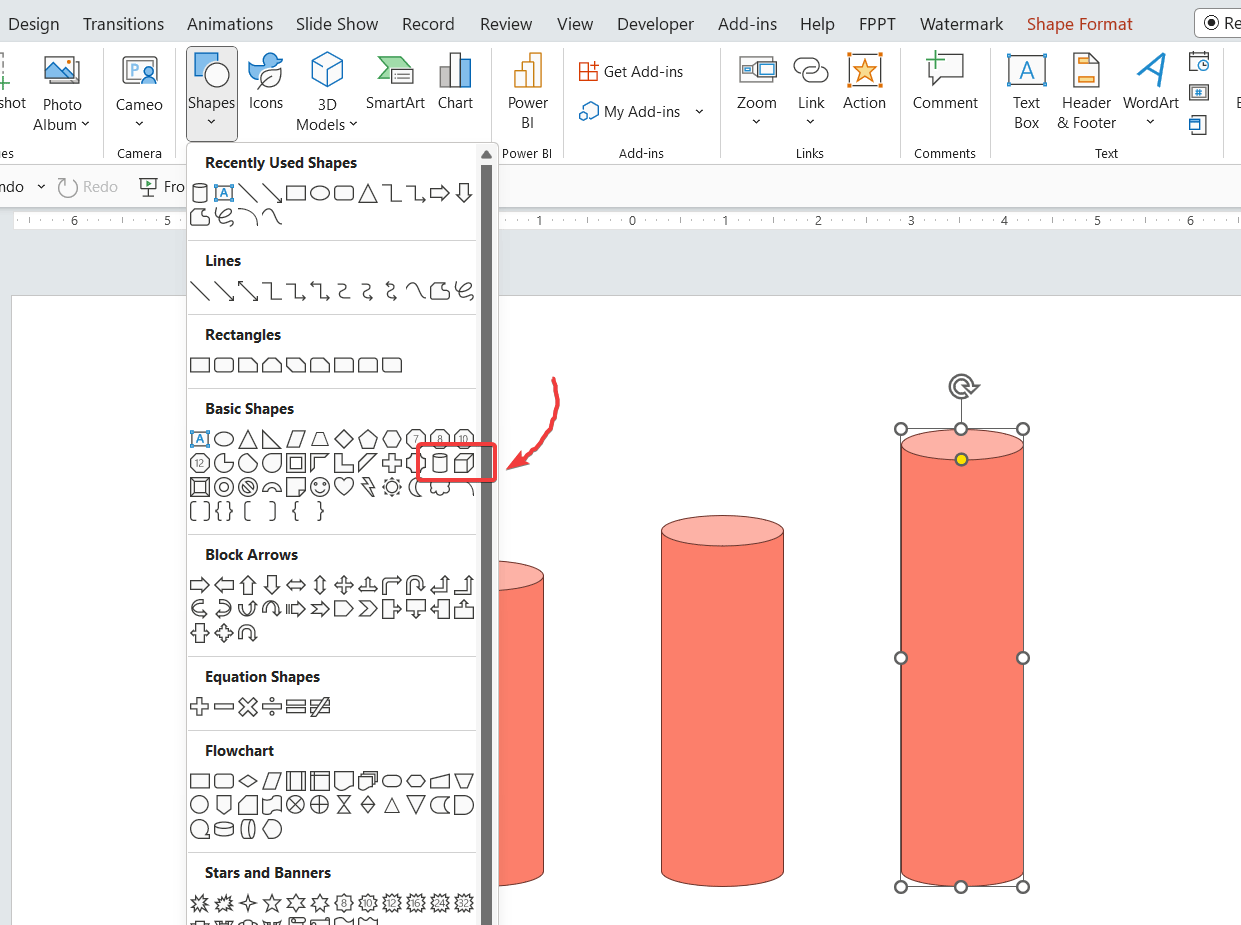 Create a 3D Chart using the Cylinder or Cube shapes in PowerPoint