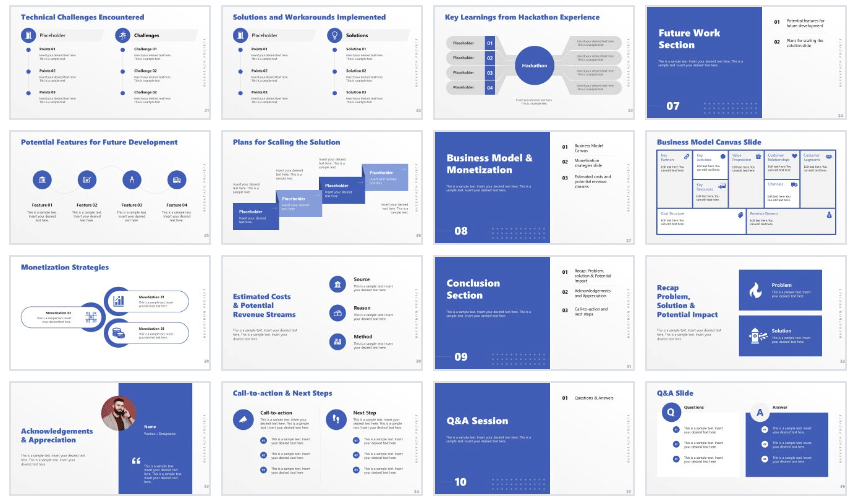 Hackathon Project presentation template with slide layouts for a Hackathon presentation with blue and white style.