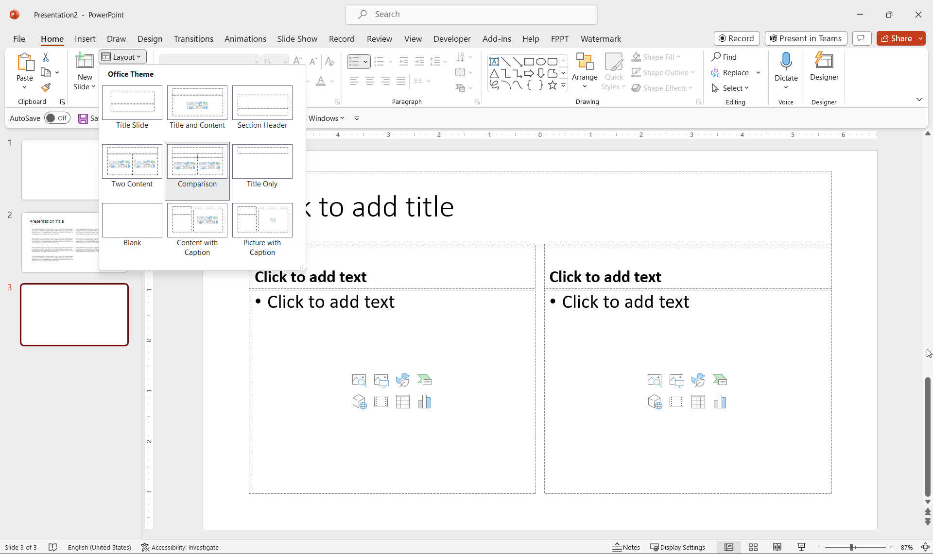 Example using 2-column layout in PowerPoint with the pre-defined Comparison PowerPoint layout