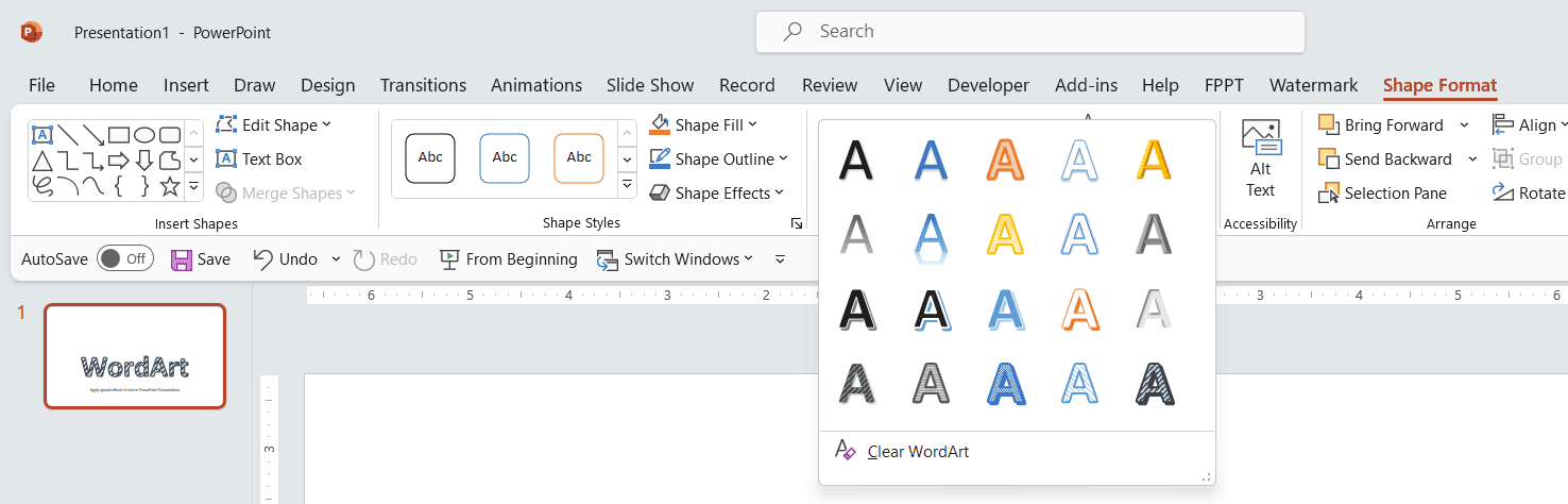 Wordart in PowerPoint - Different word styles and clear WordArt formatting.