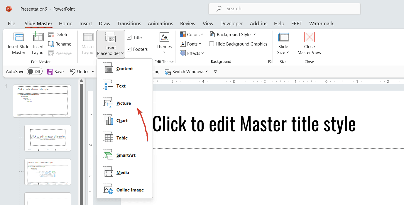 How to insert a Picture Placeholder in PowerPoint using Slide Master View.