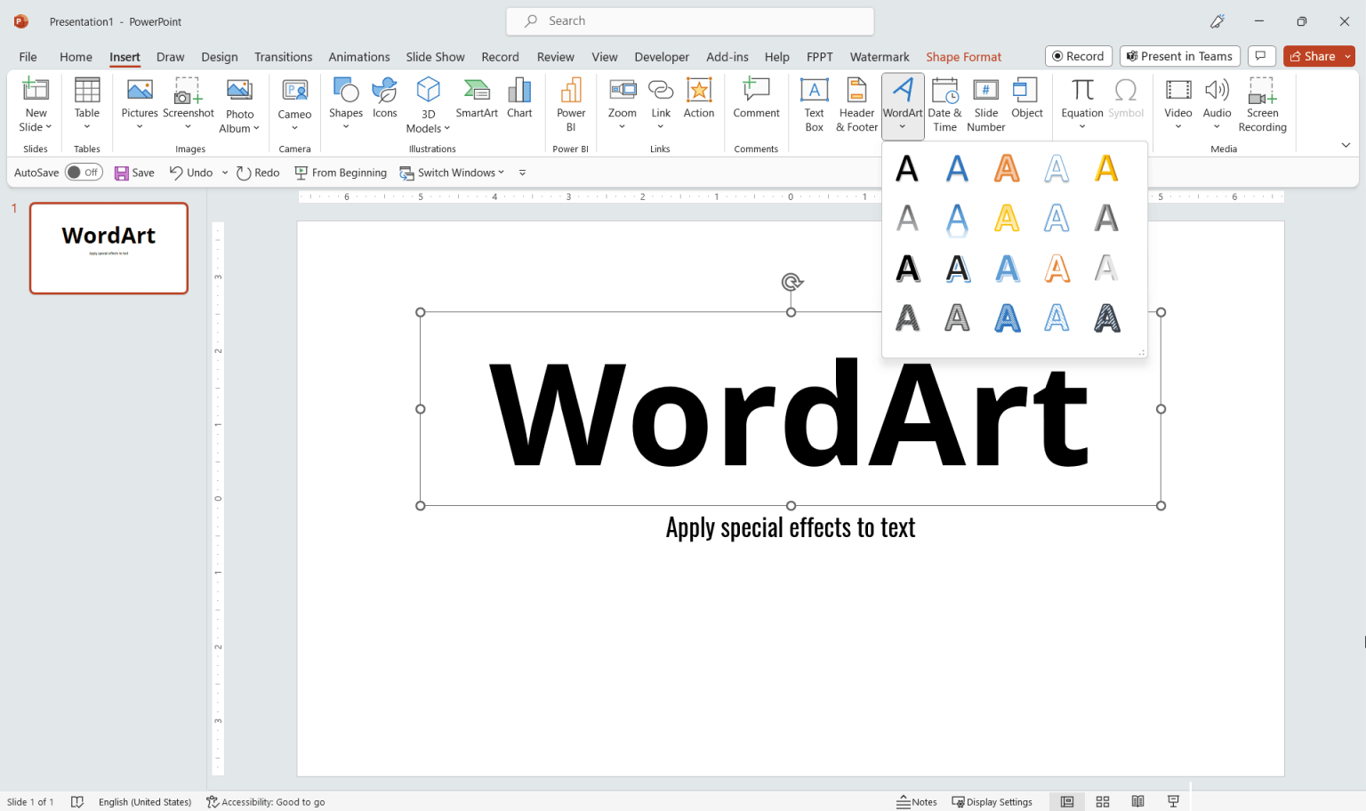 What is WordArt feature in PowerPoint?