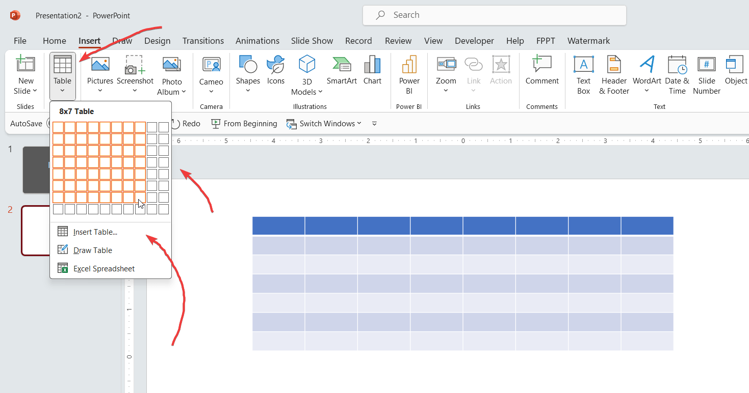 Example how to insert tables in PowerPoint, with a number of rows and columns, and also insert tables from Excel.