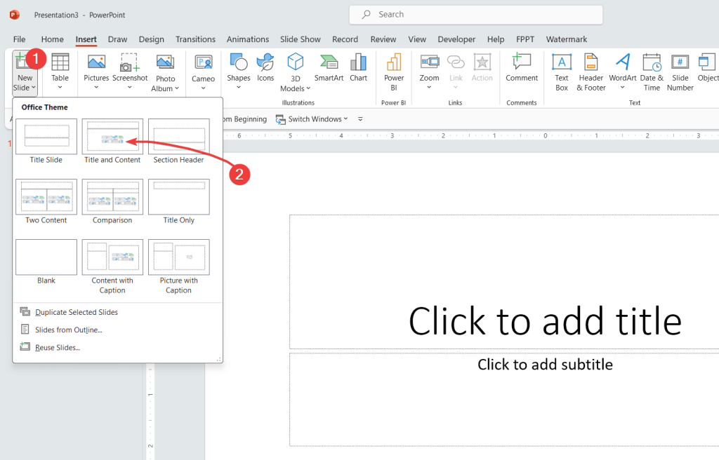 How to add slide to PowerPoint presentation using the Home tab
