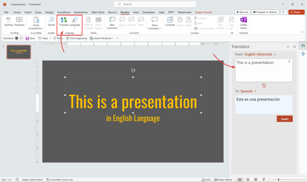 how to translate a powerpoint presentation from german to english