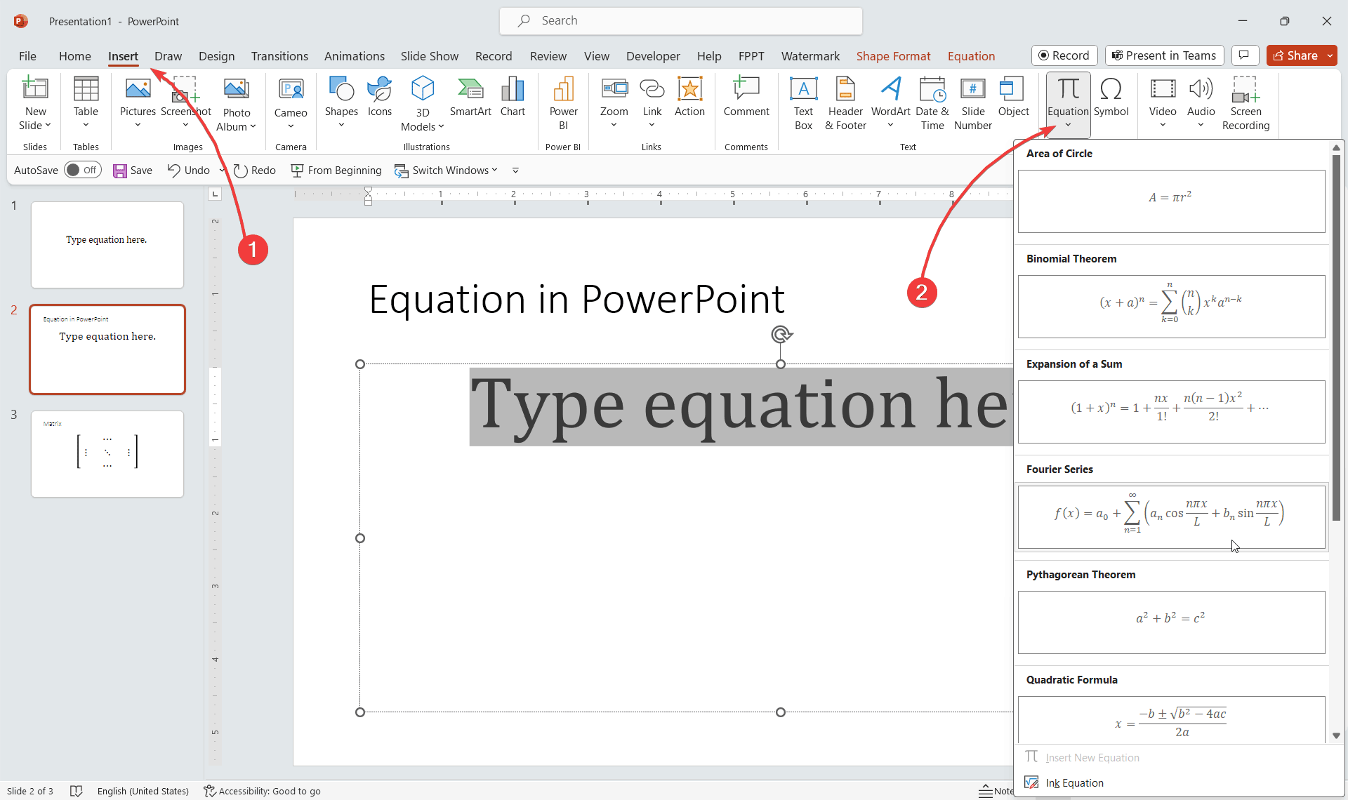 How to insert an equation in PowerPoint