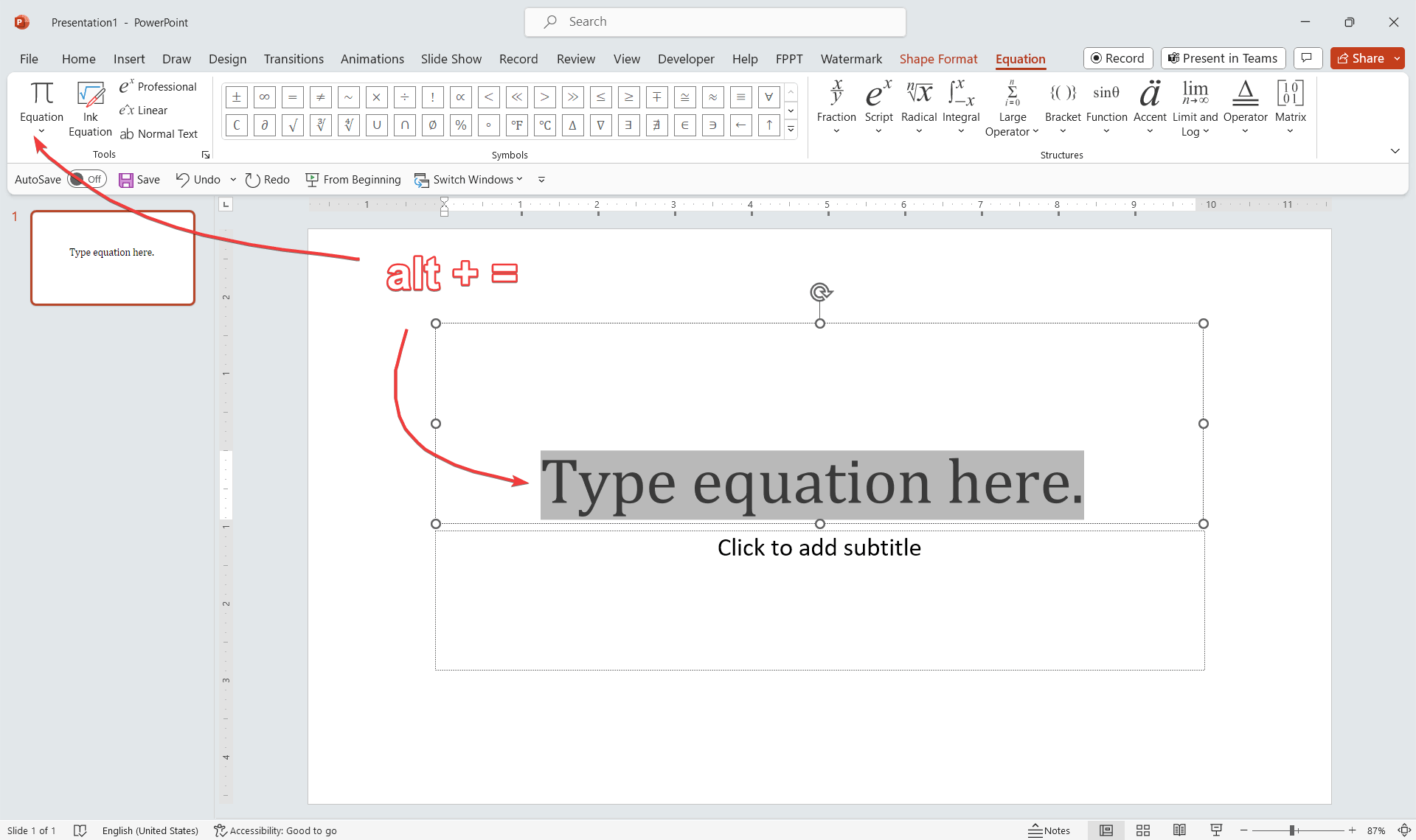 Keystroke to open Equation Editor in PowerPoint with Alt + =