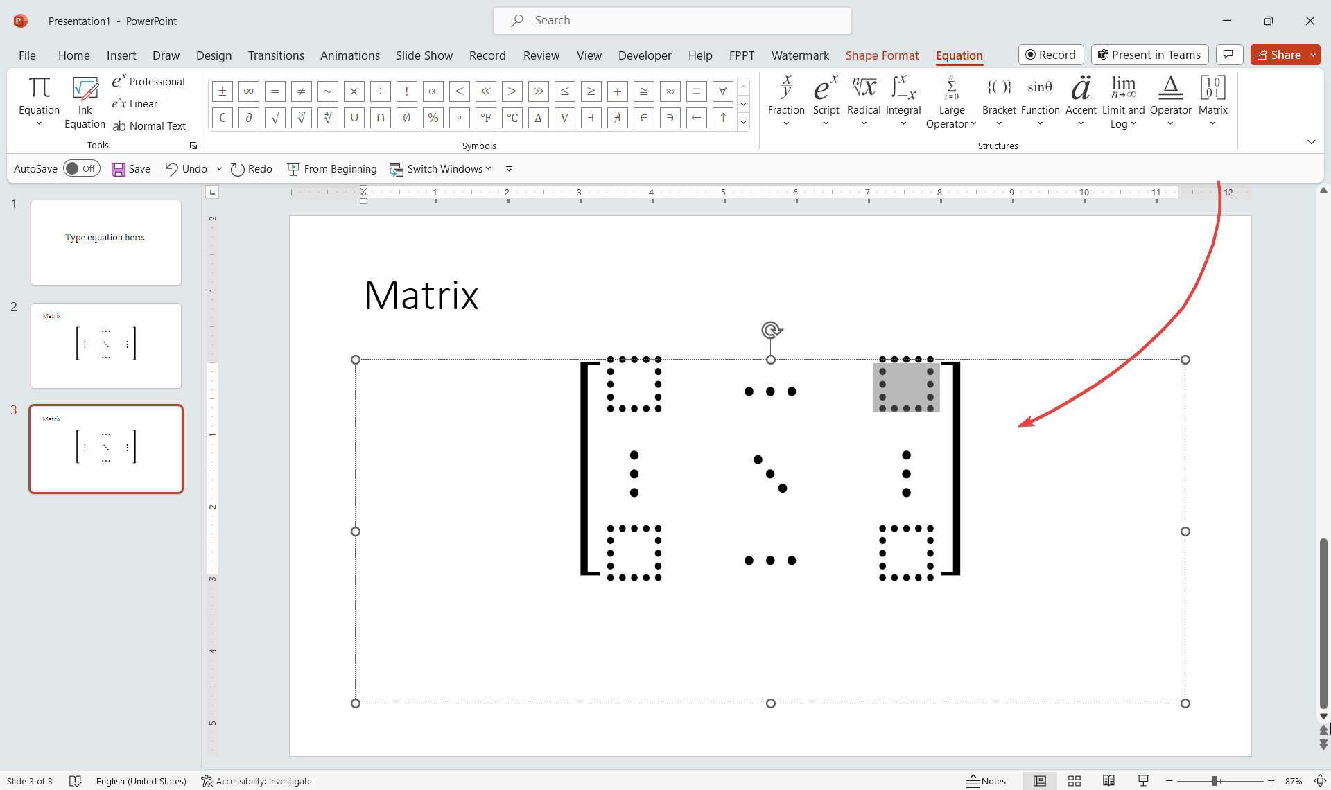 Example of Matrix inserted in a PowerPoint slide using PowerPoint Equations Editor