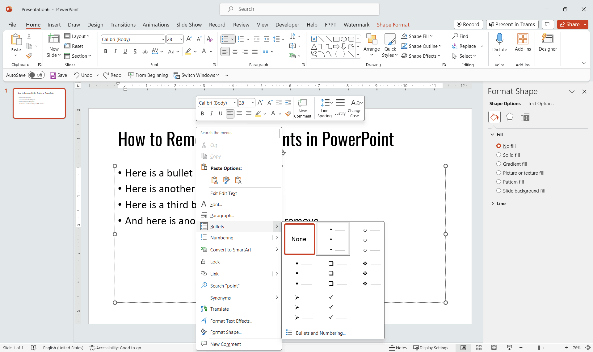 Choose none to delete bullet points in PowerPoint - How to get out of bullet points in powerpoint