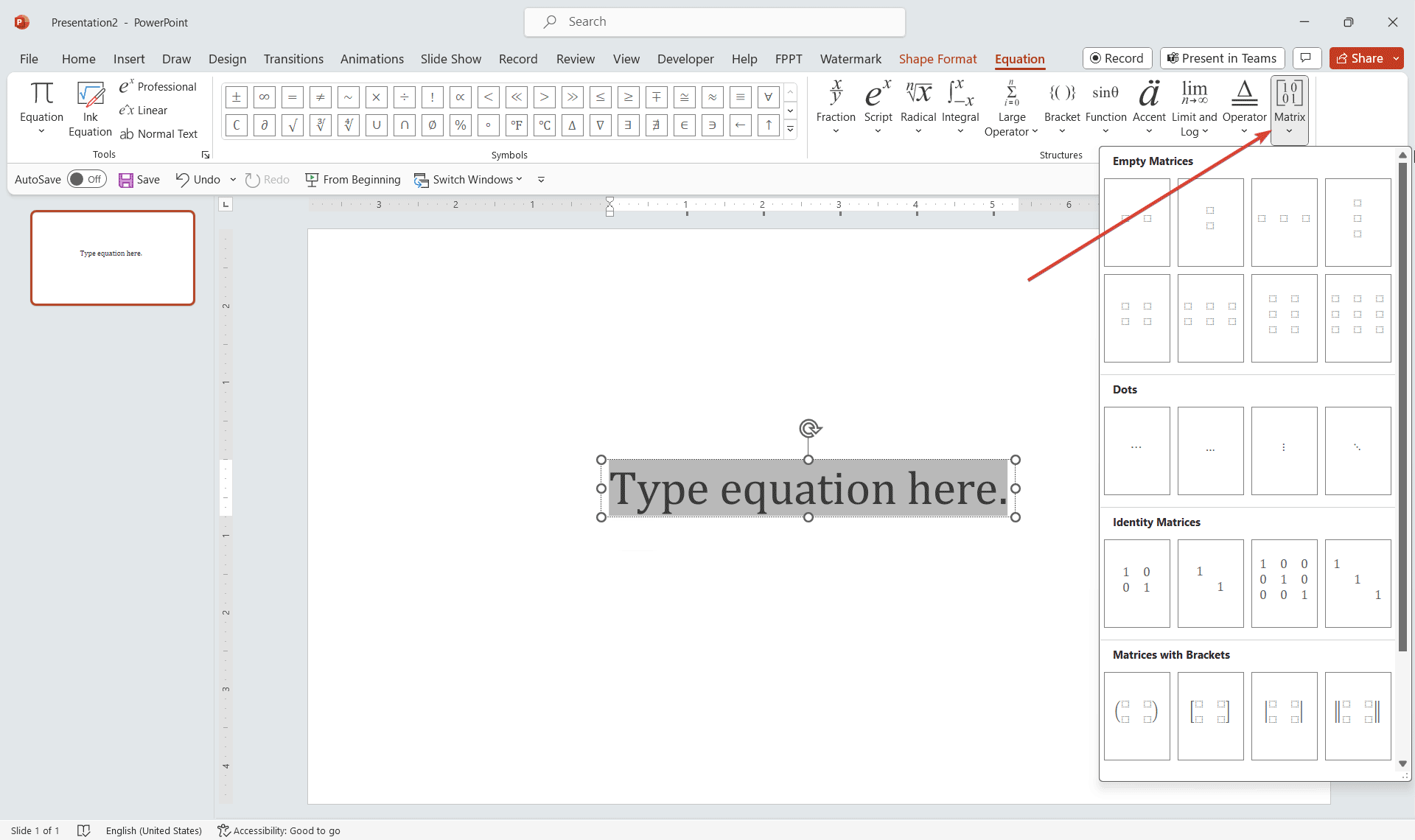How to Insert a Matrix in PowerPoint using the PowerPoint Equation Editor