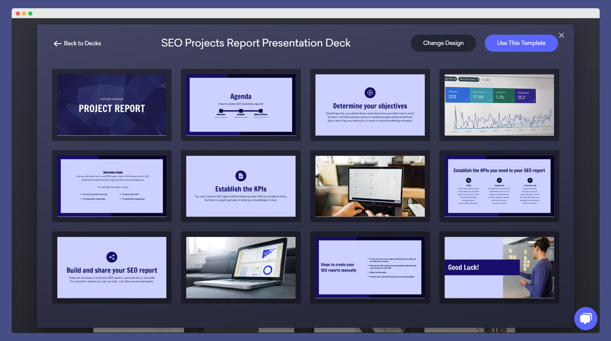 Example of SEO Projects Report Presentation Deck - Decktopus Homepage