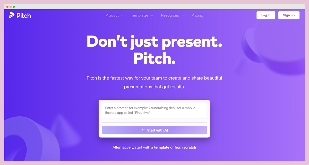 Homepage of Pitch.com presentation maker